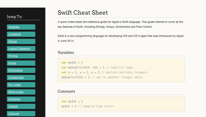 Webサイト「Swift Cheat Sheet」の画像