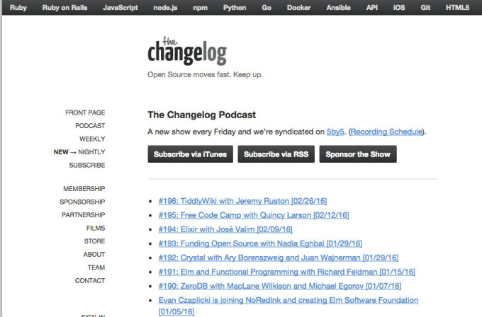 Webサイト「The Changelog」。Podcastの画像