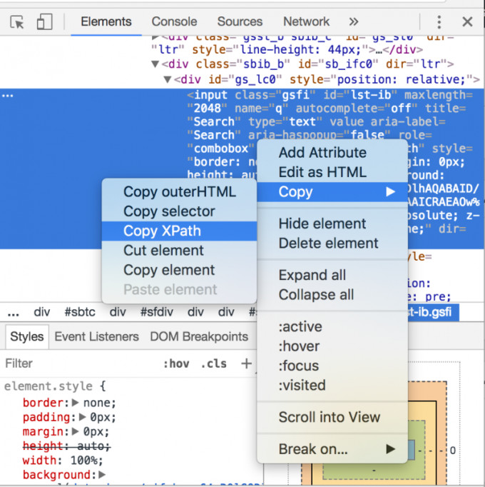 HTML要素を右クリックし、「Copy」→「Copy XPath」の順に選択した時を示した画像